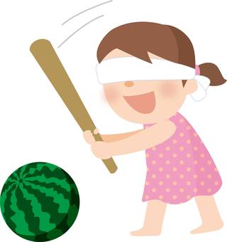 スイカ割りの女の子 スイカ割り,スイカ,子供,女の子,棒,目隠し,夏,夏休み,イベント,楽しいのイラスト素材