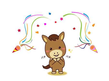 お祝いするお馬さん 馬,干支,午年,おめでとう,お祝い,めでたい,拍手,うれしい,クラッカー,笑顔のイラスト素材