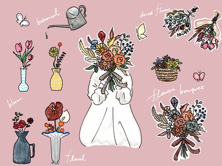 フラワー素材｜ドライフラワー・花束・花瓶 花,ドライフラワー,花瓶,花束,ブーケ,植物,ボタニカル,線画,手描き,ナチュラルのイラスト素材