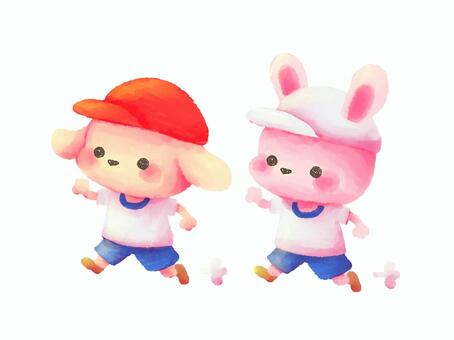 【カラー】運動会のかけっこ 運動会,かけっこ,リレー,犬,うさぎ,秋,カラー,カラフル,絵の具,水彩のイラスト素材
