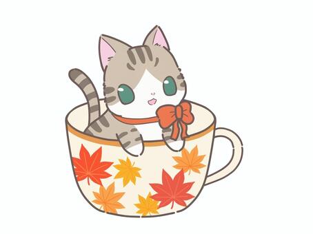 秋色、紅葉ティーカップに入った猫 秋,秋分,季節,風物詩,落ち葉,木の葉,紅葉狩り,ティーカップ,紅茶,ティーのイラスト素材