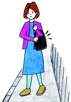 ひったくり対策で車道と反対側に荷物を持つ 防犯,防犯イラスト,ひったくり,ひったくり対策,女性,女性の一人歩き,カバン,手描きのイラスト素材