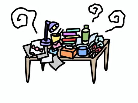 汚いテーブル(カラー)片付けビフォー 断捨離,整理整頓,散乱,汚い,汚部屋,ぐちゃぐちゃ,テーブル,机,散らかる,ビフォーのイラスト素材