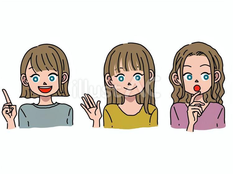 女の子表情＆ポーズ3種セット 人物,女の子,線画のイラスト素材