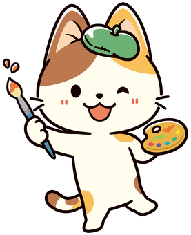 芸術にいそしむアーティストな可愛い三毛猫 芸術,画家,アーティスト,美術,猫,筆,パレット,創作活動,アート,芸術の秋のイラスト素材