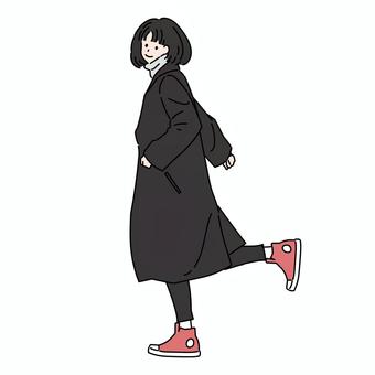 小走りするロングコートを着た女性 小走りするロングコートを着た女性 女性,ロングコート,全身,走る,小走り,ポーズ,スニーカー,私服,タートルネック,おしゃれのイラスト素材