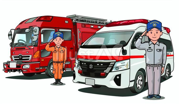 救急車とレスキュー車と隊員 消防,救急,119のイラスト素材