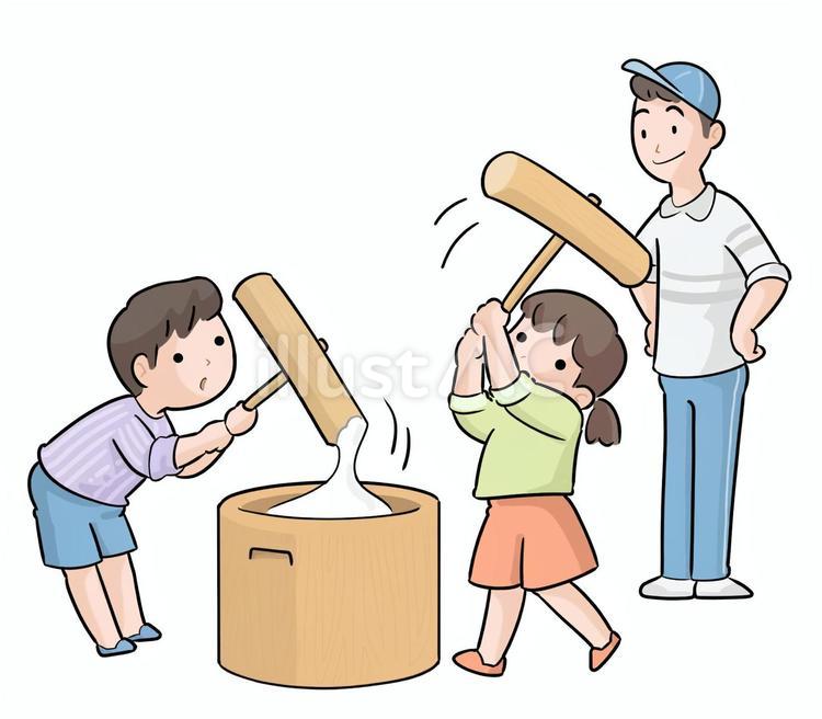 餅つきをする子どもと見守る大人 餅つき,小学生,杵臼のイラスト素材