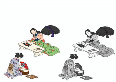 江戸時代扇職人女性（模様） 女性,江戸時代,時代劇,扇職人,職人,人物,扇子,二人のイラスト素材