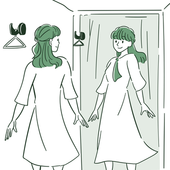 アパレル_試着室のお客さん 女性,アパレル,接客,洋服,洋服屋,ベクター,試着,試着室のイラスト素材