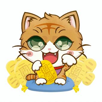 茶白柄の招き猫 猫,デフォルメ,小判,座布団,招福のイラスト素材