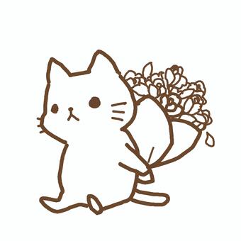 花束ねこ線画 花束,ねこ,線画,可愛い,シンプルのイラスト素材