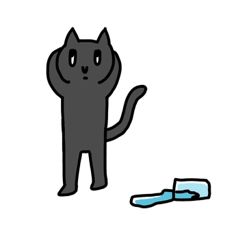 水をこぼしたのに知らんぷりをする黒猫 猫,黒猫,家猫,ペット,動物,いたずら,知らんぷり,シンプル,素朴,かわいいのイラスト素材