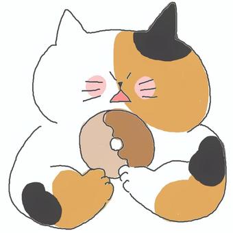 ドーナツを食べる三毛猫ちゃん♪ かわいい,ドーナツ,デザート,スイーツ,甘い,食べ物,食べる,おやつ,ねこ,三毛猫のイラスト素材