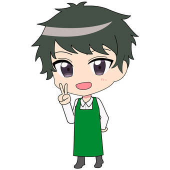 A male clerk wearing an apron doing peace, male, apron, pause, JPG, PNG and EPS