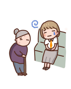 おばあちゃんに席を譲りたいが体調不良の子 悩む,体調不良,おばあちゃん,杖,女の子のイラスト素材