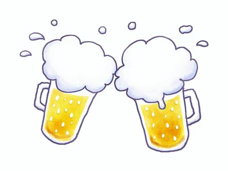 ジョッキ生ビール乾杯　シンプルライン２杯 ジョッキビール,ビール,乾杯,ジョッキ,泡,カンパイ,手書き,手描き,アイコン,酒のイラスト素材