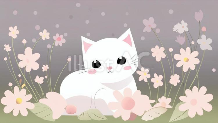 可愛い子猫ちゃんと花畑 かわいい,猫,動物のイラスト素材