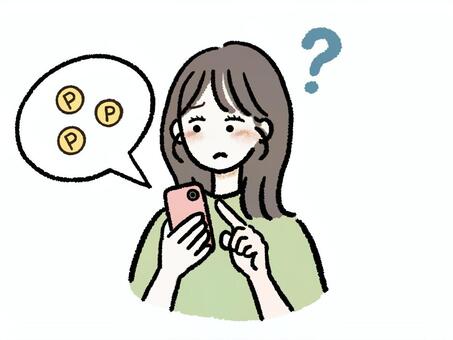 ポイ活・スマホ・分からない・女性 女性,ポイ活,ポイント,スマホ,分からない,不明,どれ,難しい,サイト,疑問のイラスト素材