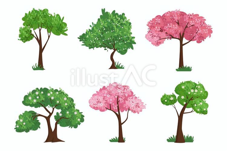 桜と白い花の咲く木のイラストセット 木,春,植物のイラスト素材