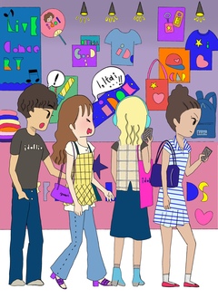 ライブグッズ販売ブースでのハプニング 人物,若者,漫画風,行列,ライブ,コンサート,ハプニング,サンダル,グッズ販売のイラスト素材