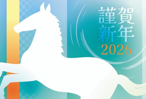 26年 馬のシルエット年賀状 年賀状,午,干支,馬,市松,和風,おしゃれ,青,シルエット,かっこいいのイラスト素材