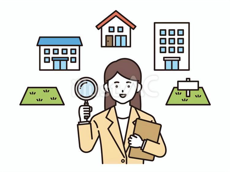 不動産とスーツ姿の女性（カラー） 不動産,虫眼鏡,家のイラスト素材