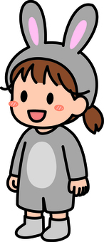 グレーのうさぎコスの女の子です。 うさぎ,着ぐるみ,シンプル,コスプレ,コスチューム,動物,ぬいぐるみ,イベント,パーティー,女の子のイラスト素材