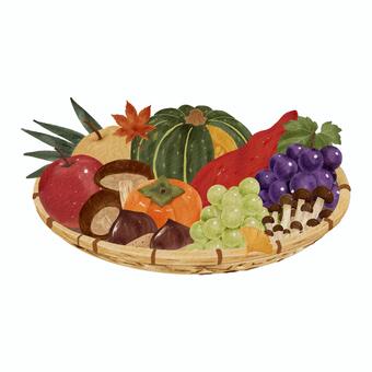 秋の味覚の盛り合わせイラスト 秋の味覚,収穫,秋素材,食材,果物,野菜,きのこ,栗,柿,りんごのイラスト素材