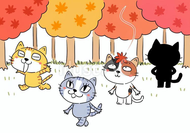紅葉狩りをする4匹の猫 紅葉狩り,秋,紅葉のイラスト素材