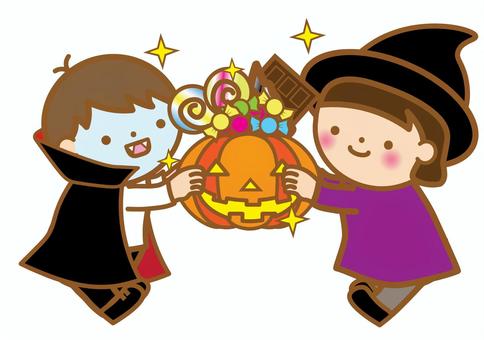 ハロウィンのお菓子と子ども達 ハロウィン,10月,かぼちゃ,ジャックオランタン,お菓子,マント,帽子,仮装,魔女,ドラキュラのイラスト素材