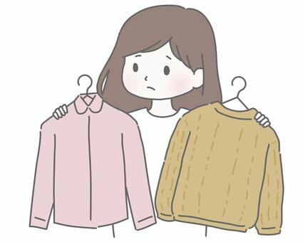 服装選び悩む女性  女性,服,洋服,シャツ,セーター,ニット,選ぶ,悩む,迷う,考えるのイラスト素材