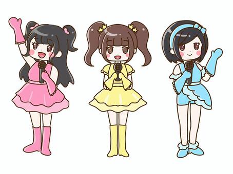 ３人組のアイドルのイラスト アイドル,３人,グループ,ユニット,かわいい,芸能人,有名人,ライブ,コンサート,マイクのイラスト素材