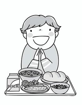 いただきます１モノクロ いただきます,給食,学校,男の子,モノクロ,パン,スープ,牛乳,サラダ,おかずのイラスト素材