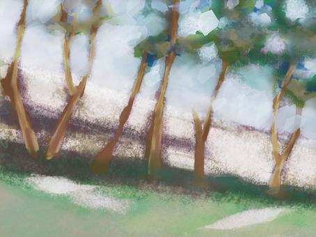 海岸沿いの道の風景画 風景,海岸,海辺,道,懐かしい,リラックス,パステルカラー,思い出,絵の具,クレヨンのイラスト素材