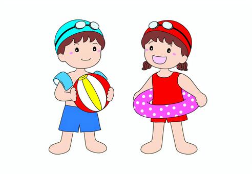 こどものせいかつ【プール】 プール,プール遊び,水遊び,海水浴,浮き輪,ビーチボール,水着,水泳,こども,男の子のイラスト素材