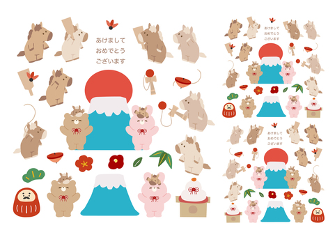 A4:午年くまとうさぎとお馬さんと富士山 くま,うさぎ,動物,午年,馬,午,正月,行事,だるま,鏡餅のイラスト素材
