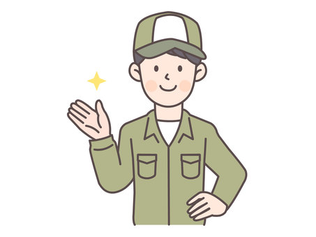 腰に手を当てて案内する配達員男性 配送員,作業員,倉庫,作業,配送,物流,スタッフ,つなぎ,宅配,引越しのイラスト素材