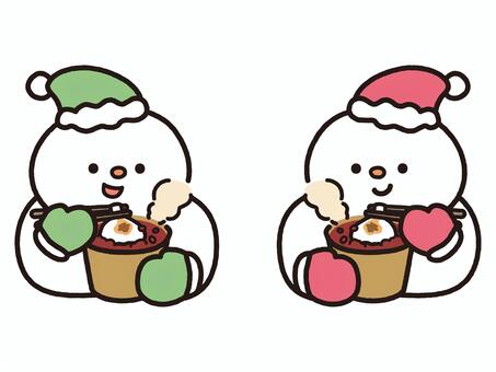 あったかおしるこを食べる雪だるま_緑赤 雪だるま,おしるこ,ぜんざい,餅,あんこ,小豆,甘味,デザート,スイーツ,食べ物のイラスト素材