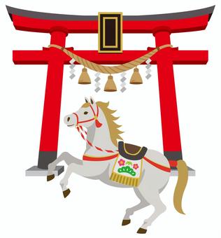 正月飾りの馬と鳥居(白毛)_25 正月飾りの馬と鳥居(白毛)_25 馬,午年,年賀状,午,干支,リアル,年賀状素材,年賀はがき,素材,2026年のイラスト素材