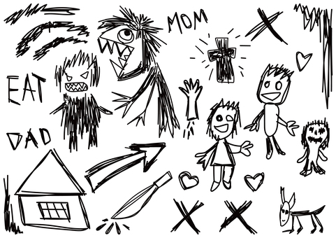子供の描いた絵-5-ホラー映画・ペン ホラー映画,ホラー,映画,子供,イラスト,落書き,怖い,パパ,ママ,デフォルメのイラスト素材
