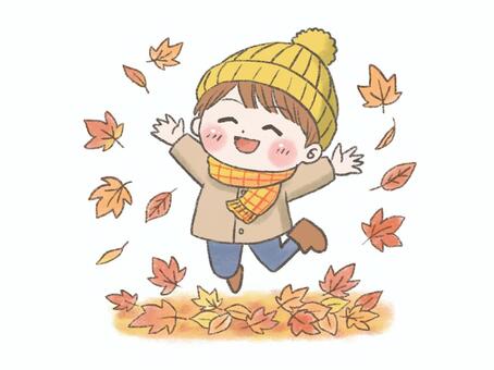 落ち葉と男の子 秋,落ち葉,子供,幼児,幼稚園,保育園,可愛い,手描き風のイラスト素材