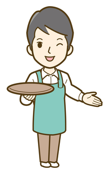 お盆を持って案内する男性店員_25 ビジネス,男性,人物,人,キッチンカー,カフェ,仕事,かわいい,シンプル,イラストのイラスト素材