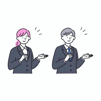 説明をするビジネス男女のイラスト 人物,ビジネス,就活,男性,女性,スーツ,説明,案内,提案,解説のイラスト素材