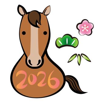 馬と松竹梅15 馬,松竹梅,午,松,竹,梅,2026年,うま,手描き,置物のイラスト素材