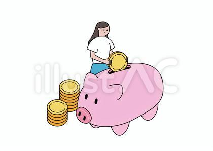 豚の貯金箱にコインを入れる女性