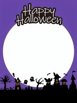 ハロウィンの街並みのフレーム（紫） ハロウィン,街並み,こうもり,黒猫,ジャックオランタン,月,建物,シルエット,フレーム,墓地のイラスト素材