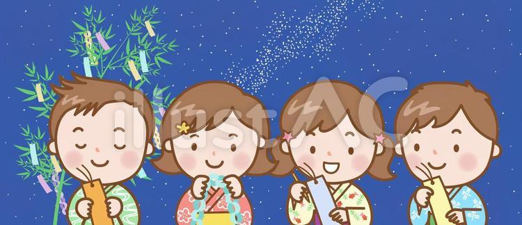子どもたち：七夕の夜 七夕,七夕飾り,七夕祭りのイラスト素材