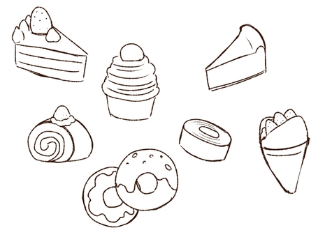 スイーツ 手書きセット スイーツ,食べ物,手書き,モノクロ,線画,セット,ケーキ,ショートケーキ,バウムクーヘン,ドーナッツのイラスト素材