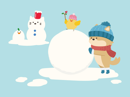 雪だるまを作る犬とヒヨコ 動物,冬,犬,鳥,ひよこ,雪,雪だるま,雪玉,雪遊び,子供のイラスト素材